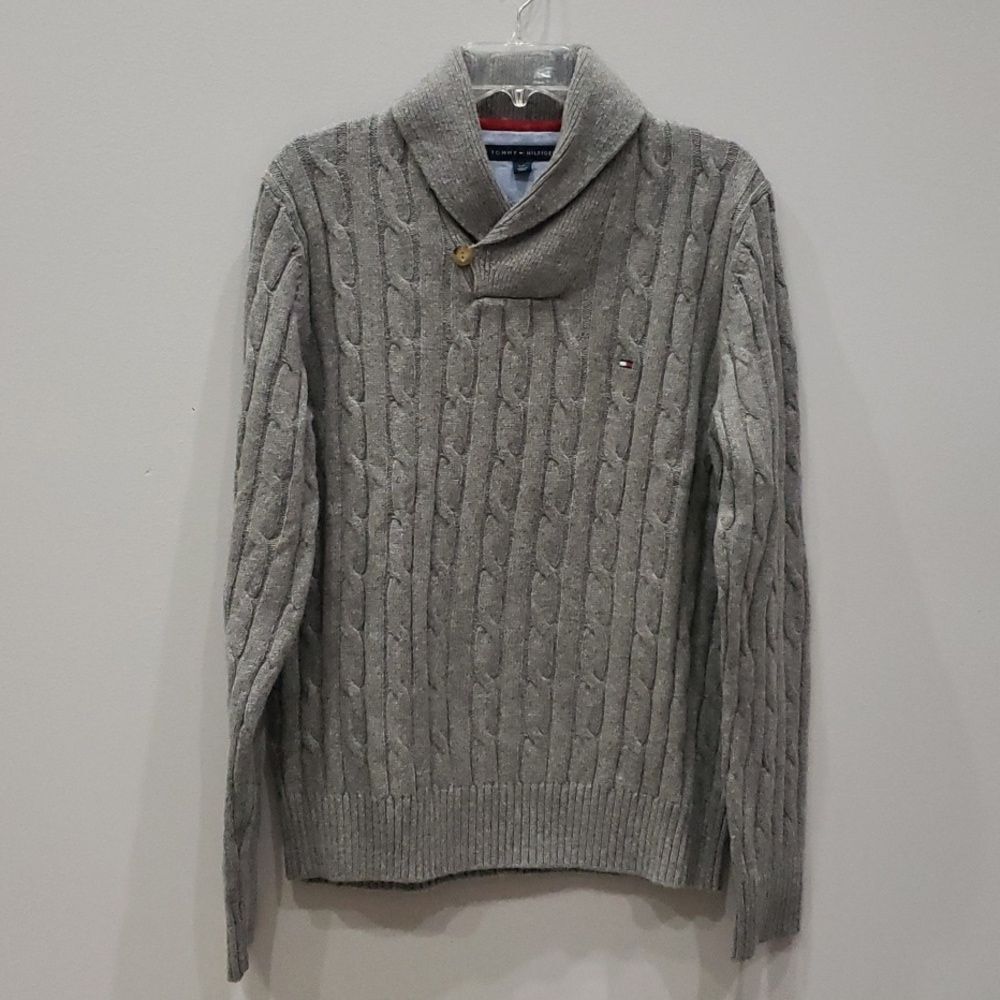 NWT Tommy Hilfiger Sweater Mens L Shawl Collar Cable Knit Pullover Wool Blend